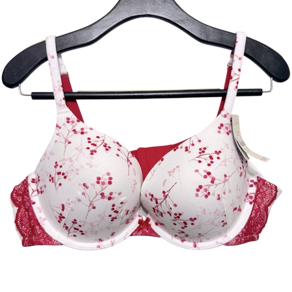 Cacique red and white floral, cleavage cotton boost‎ plunge bra Sz 44B